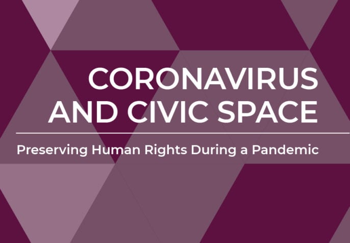 Coronavirus and Civic Space cover graphic - title overlayed a purple and grey triangle pattern