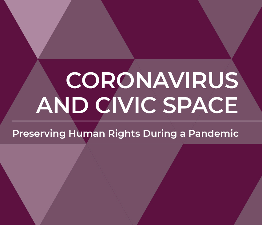 Coronavirus and Civic Space cover graphic - title overlayed a purple and grey triangle pattern