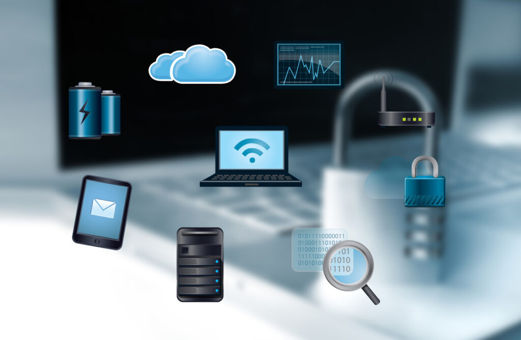 Multiple device icons in front of a lock