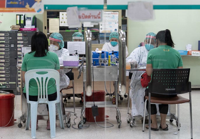 Scenes of healthcare workers at Thailand Bamrasnaradura Infectious Disease Institute, Ministry of Public Health. During this coronavirus outbreak, workforce shortages have gotten worse and nurse-midwives around the world have had to sacrifice in the hospitals around the clock and with limited personal protective equipment. (Photo: UN Women/Pathumporn Thongking)