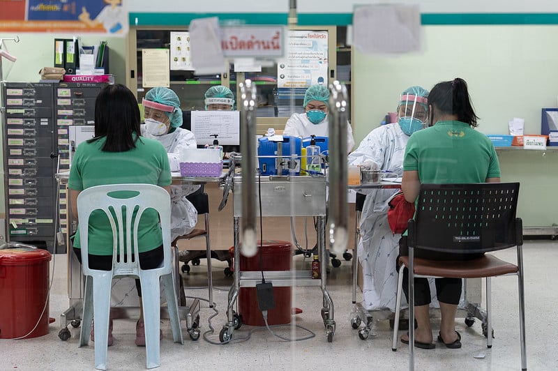 Scenes of healthcare workers at Thailand Bamrasnaradura Infectious Disease Institute, Ministry of Public Health. During this coronavirus outbreak, workforce shortages have gotten worse and nurse-midwives around the world have had to sacrifice in the hospitals around the clock and with limited personal protective equipment. (Photo: UN Women/Pathumporn Thongking)