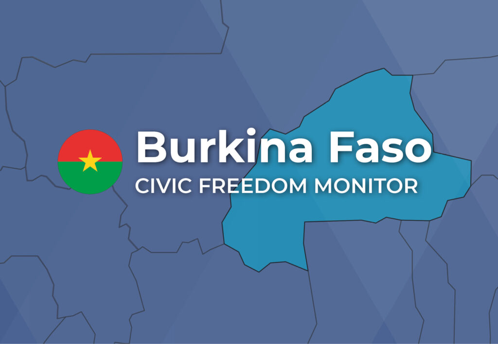 Burkina Faso Civic Freedom Monitor banner with Burkina Faso flag and highlighted map