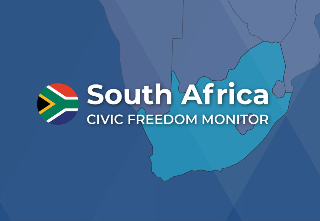 South Africa Civic Freedom Monitor banner with South Africa flag and highlighted map