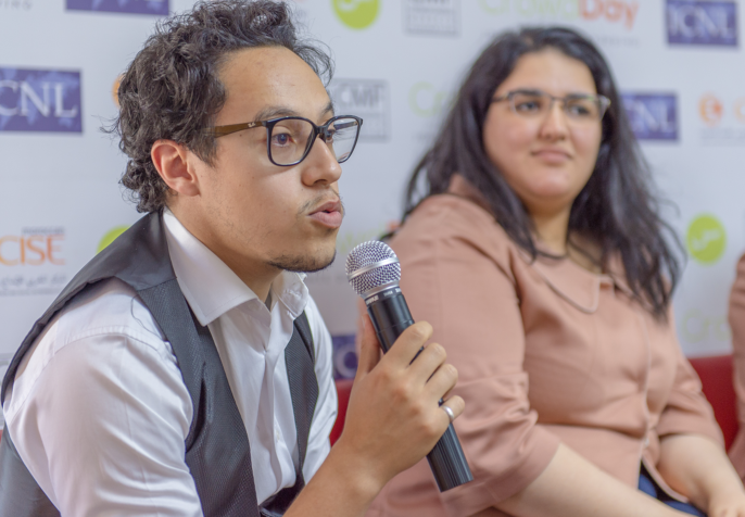 A speaker at an ICNL-supported workshop on crowdfunding in Morocco, May 2018. One participant concluded that the legalization of crowdfunding “could have a truly positive impact on Morocco’s development.” (Photo credit: ICNL)