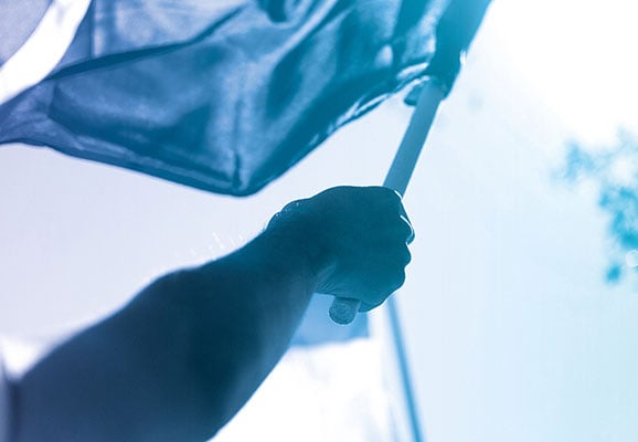 A man hoists a flag into the air (photo credit: Artem Nezvigin/Flickr)