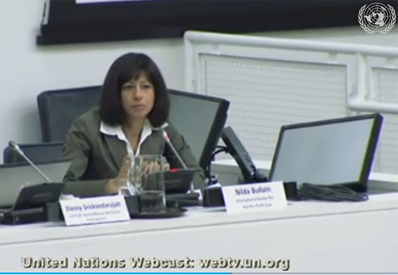 Vice President of Operations Nilda Bullain speaks during a panel entitled Civil Society and its Environment: Driving Sustainable Development (photo credit: UN WebTV)