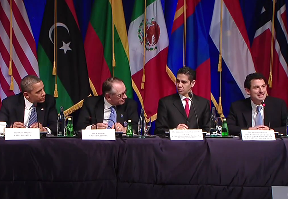 ICNL's Doug Rutzen speaks on a panel with President Barack Obama on Sept. 23, 2018 (photo credit: YouTube)