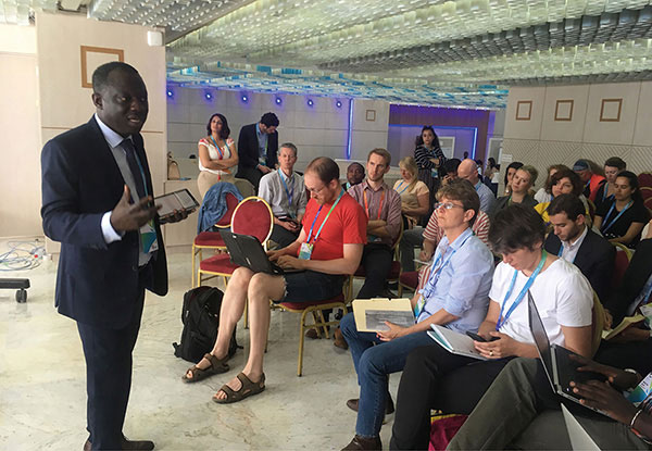 Clement Voule, the UN Special Rapporteur on the rights to freedom of peaceful assembly and of association speaking with civil society and the private sector at RightsCon 2019 about strategic ideas on implementing the report recommendations to protect these fundamental freedoms (photo credit: ICNL)