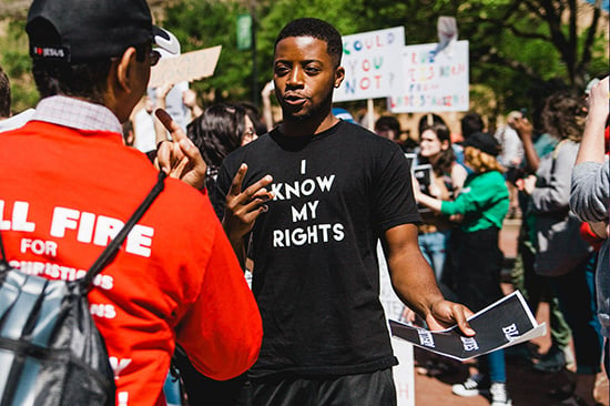 University of North Texas students gathered at the Library Mall in Denton, Texas after word spread that a small group of Nation Street Preacher demonstrators were there to “outreach” with their racist, anti-gay rhetoric. Counter-protesters held signs, danced, chanted and played instruments to drown out the slurs from the preachers’ megaphone. Counter protesters included Christians, BLM activists and the LGBTQIA community, all joined together to denounce the unwelcome messages.