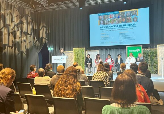 Speakers from ICNL's joint side event at Stockholm+50, "Resistance and Resilience: Enhancing civic space for women and girls in climate activism." Panelists from five continents and six countries discussed their diverse experiences with the challenges facing women environmental defenders. (Photo: ICNL)