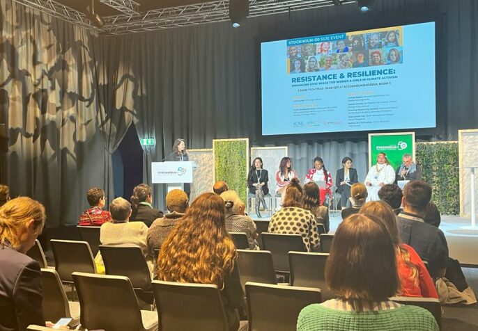 Speakers from ICNL's joint side event at Stockholm+50, "Resistance and Resilience: Enhancing civic space for women and girls in climate activism." Panelists from five continents and six countries discussed their diverse experiences with the challenges facing women environmental defenders. (Photo: ICNL)