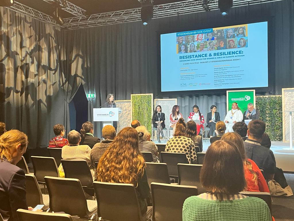 Speakers from ICNL's joint side event at Stockholm+50, "Resistance and Resilience: Enhancing civic space for women and girls in climate activism." Panelists from five continents and six countries discussed their diverse experiences with the challenges facing women environmental defenders. (Photo: ICNL)