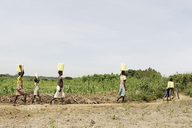 Climate and Terrorism; Four people walking with water buckets on head in drought stricken land (photo credit: pixabay.com)