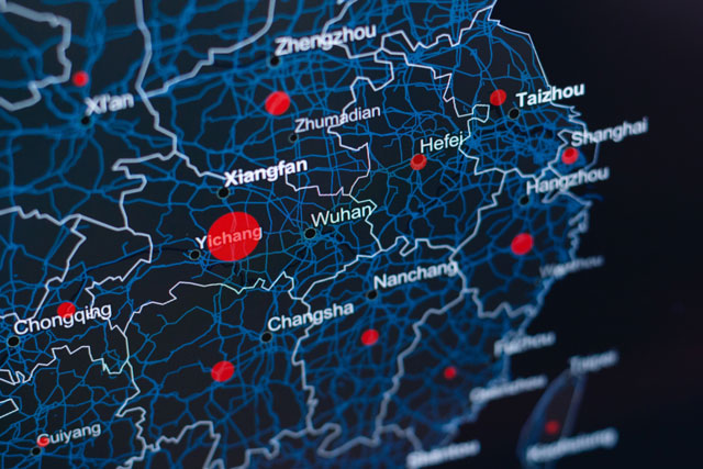 Digital map of China with red dots (photo credit: unsplash.com)