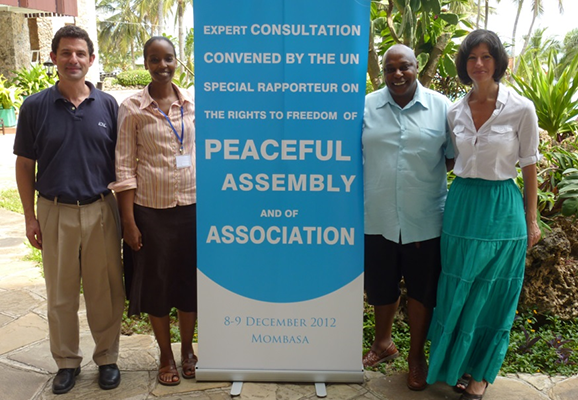 From left to right: Douglas Rutzen, Waruguru Kaguongo, Maina Kiai, and Nilda Bullain at the Special Rapporteur's consultation in Mombasa, Kenya (photo credit: ICNL)